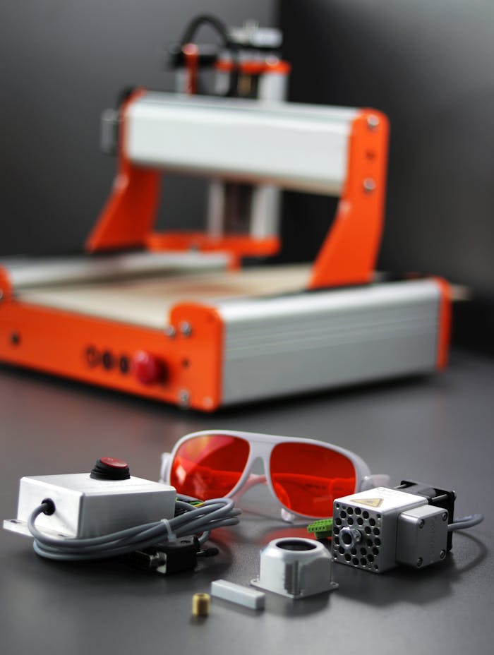 Close-up of a desktop CNC laser engraver with safety goggles and various attachments.